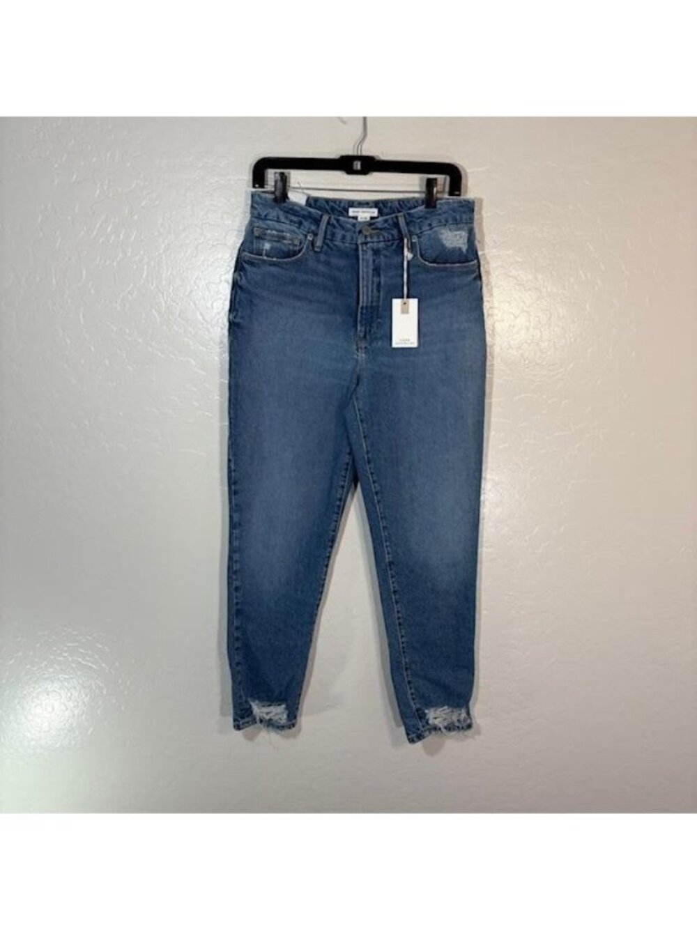 Good American Jeans Womens 4/27 Blue High Rise Ankle Distressed Raw Hem Stretch